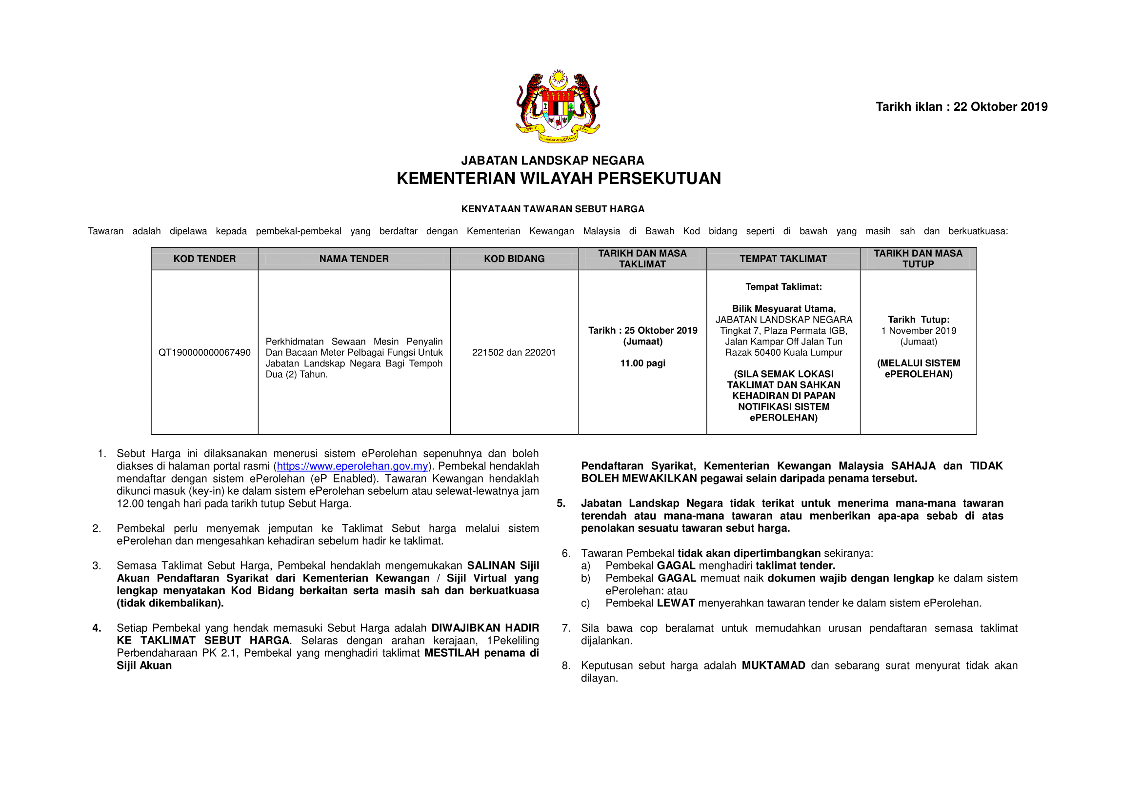 22102019    Sebutharga Perkhidmatan Sewaan Mesin Penyalin dan Bacaan Meter Pelbagai Fungsi Untuk Jabatan Landskap Negara 1