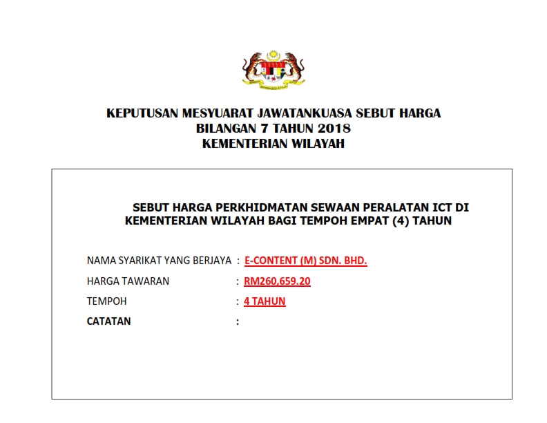 Keputusan Sebut Harga Perkhidmatan Sewaan Peralatan ICT di Kementerian Wilayah Bagi Tempoh Empat (4) Tahun 001