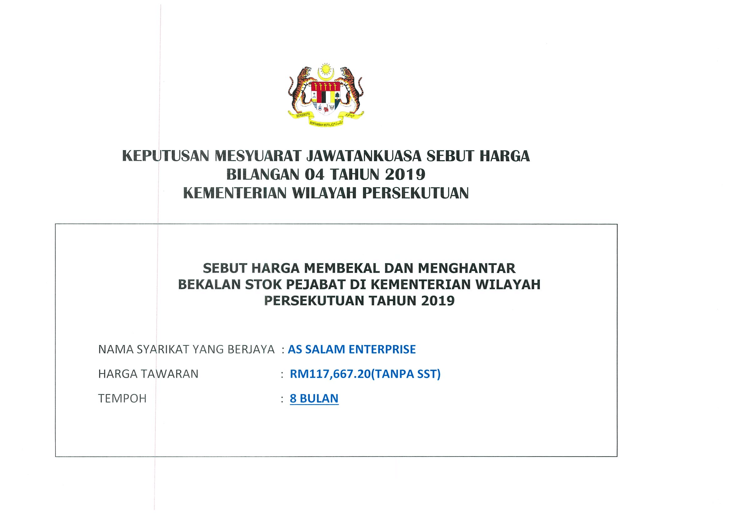 06052019   Keputusan Sebut Harga Membekal Dan Menghantar Bekalan Stok Pejabat 1